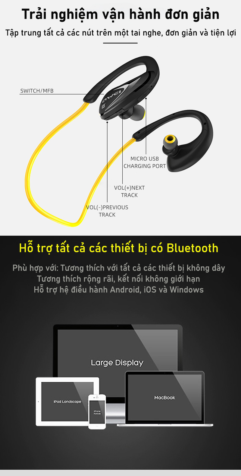 Mô tả Tai nghe Bluetooth đeo cổ Awei A880BL thể thao chạy bộ, tai bịt, ipx4 Chống Nước super bass - 10