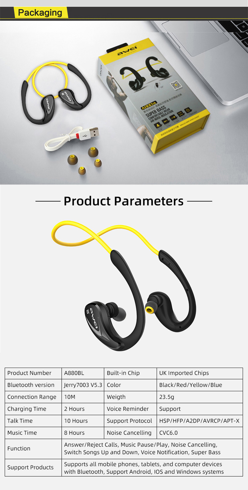 Mô tả Tai nghe Bluetooth đeo cổ Awei A880BL thể thao chạy bộ, tai bịt, ipx4 Chống Nước super bass - 12