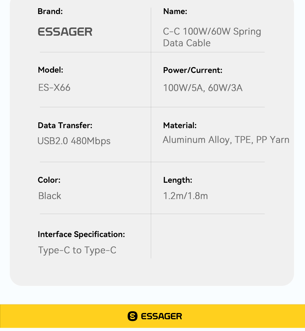 Mô tả Cáp sạc lò xo ESSAGER 60W / 100W Type C Type C sang Type C Cáp dữ liệu sạc xe hơi - 12