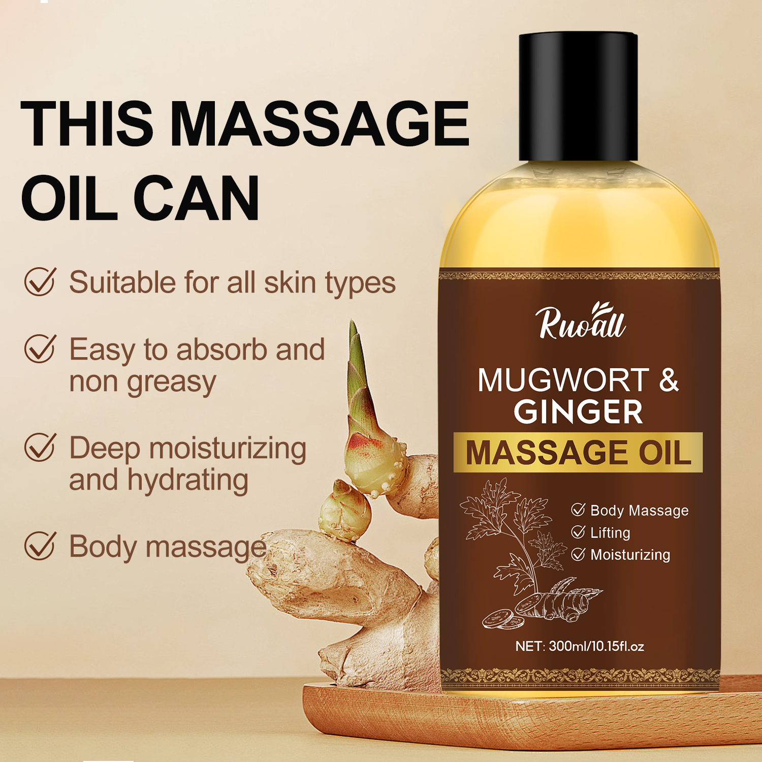 Mô tả Dầu Massage gừng ngải cứu tự nhiên RUOALL 300ml, Giảm đau cơ bắp, Thúc đẩy tuần hoàn máu - 2