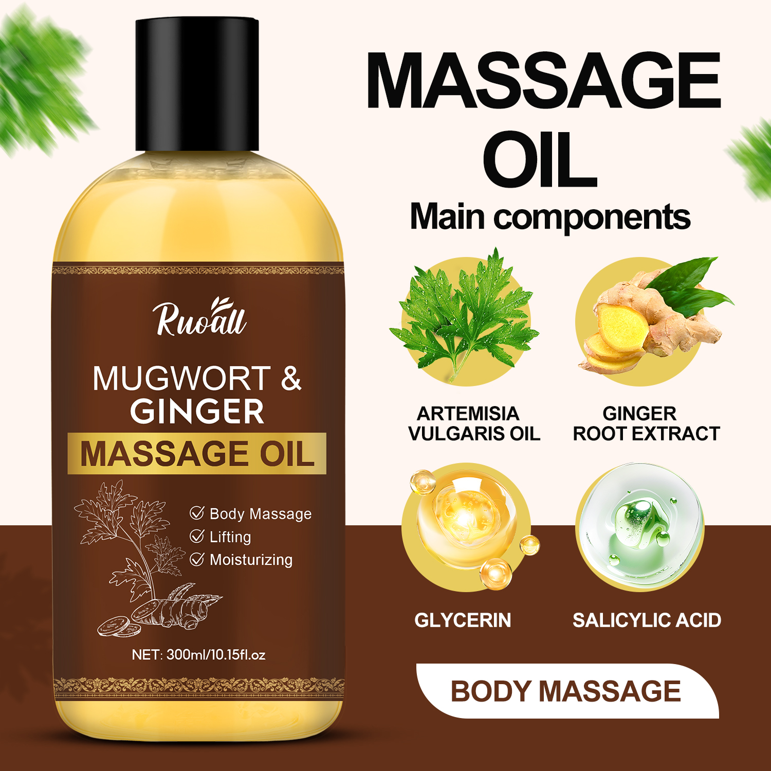 Mô tả Dầu Massage gừng ngải cứu tự nhiên RUOALL 300ml, Giảm đau cơ bắp, Thúc đẩy tuần hoàn máu - 6