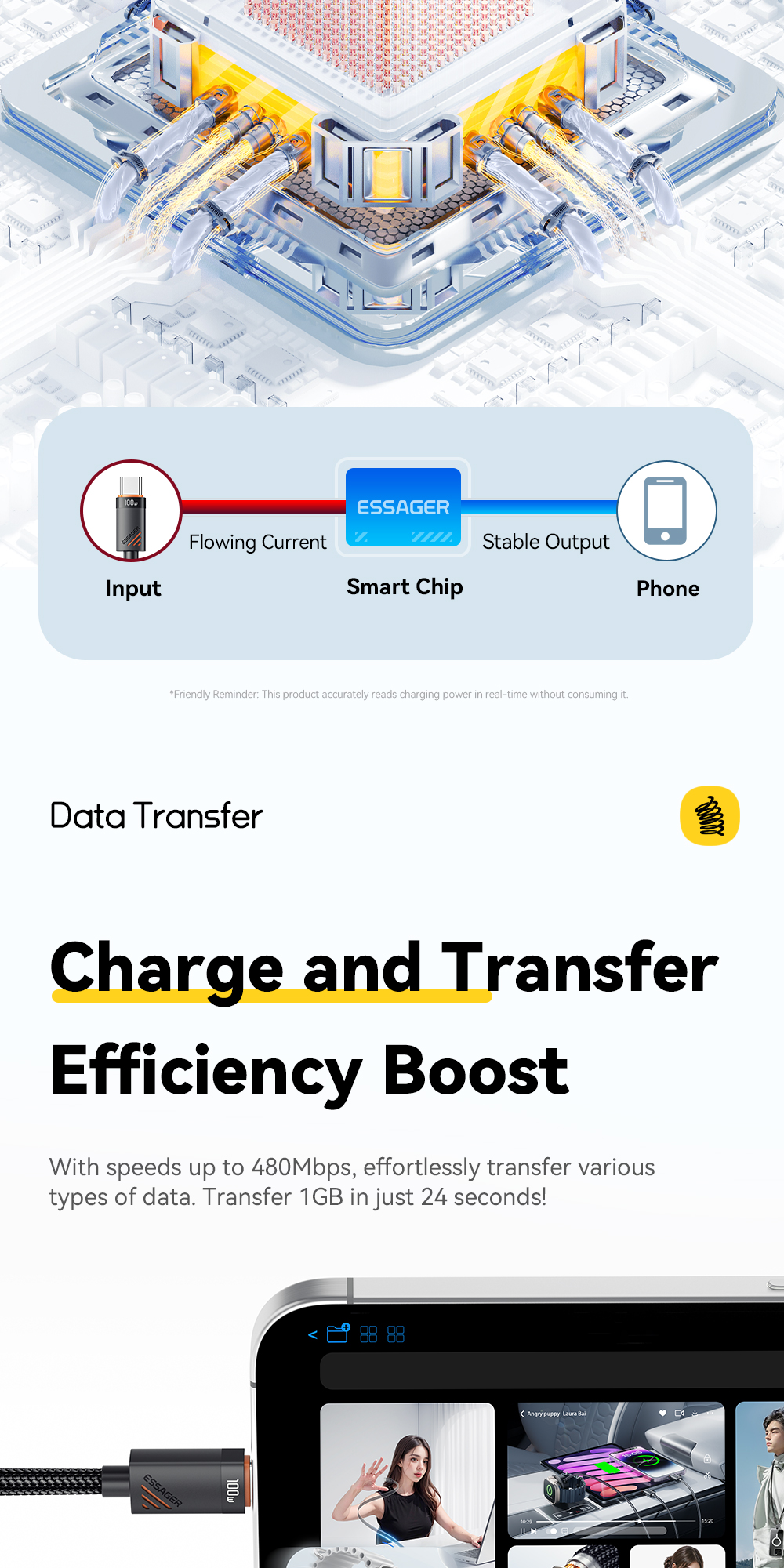 Essager PD 100w / 60w Type C sang Type C Cáp truyền dữ liệu sạc nhanh cho máy tính xách tay MBook và IP15-16 Samsung Xiaomi – ảnh mô tả chi tiết 7