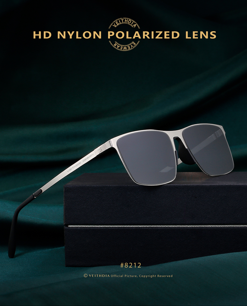Mô tả Kính râm phân cực Nylon độ phân cực cao bằng thép không gỉ vuông VEITHDIA dành cho nam có khả năng chống tia cực tím Thích hợp cho ngoài trời V812 - 1