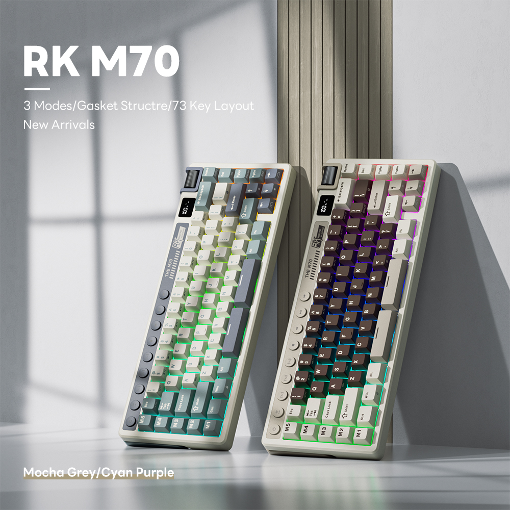 Mô tả Royal Kludge RK M70 Cyan Tím 73 Chìa Khóa Tri-Mode Không Dây Với Màn Hình TFT Đệm Bàn Phím Cơ - 1