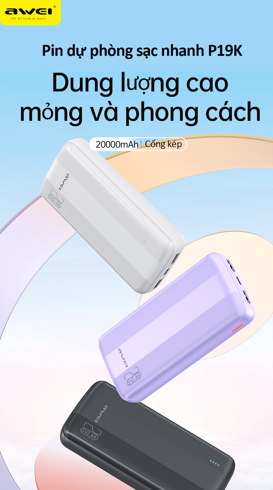 Mô tả Sạc Dự Phòng 20000mah Awei P19K Sạc Nhanh Cổng USB Kép Có Đèn LED Hỗ Trợ Sạc Nhanh Cho Điện Thoại - 2