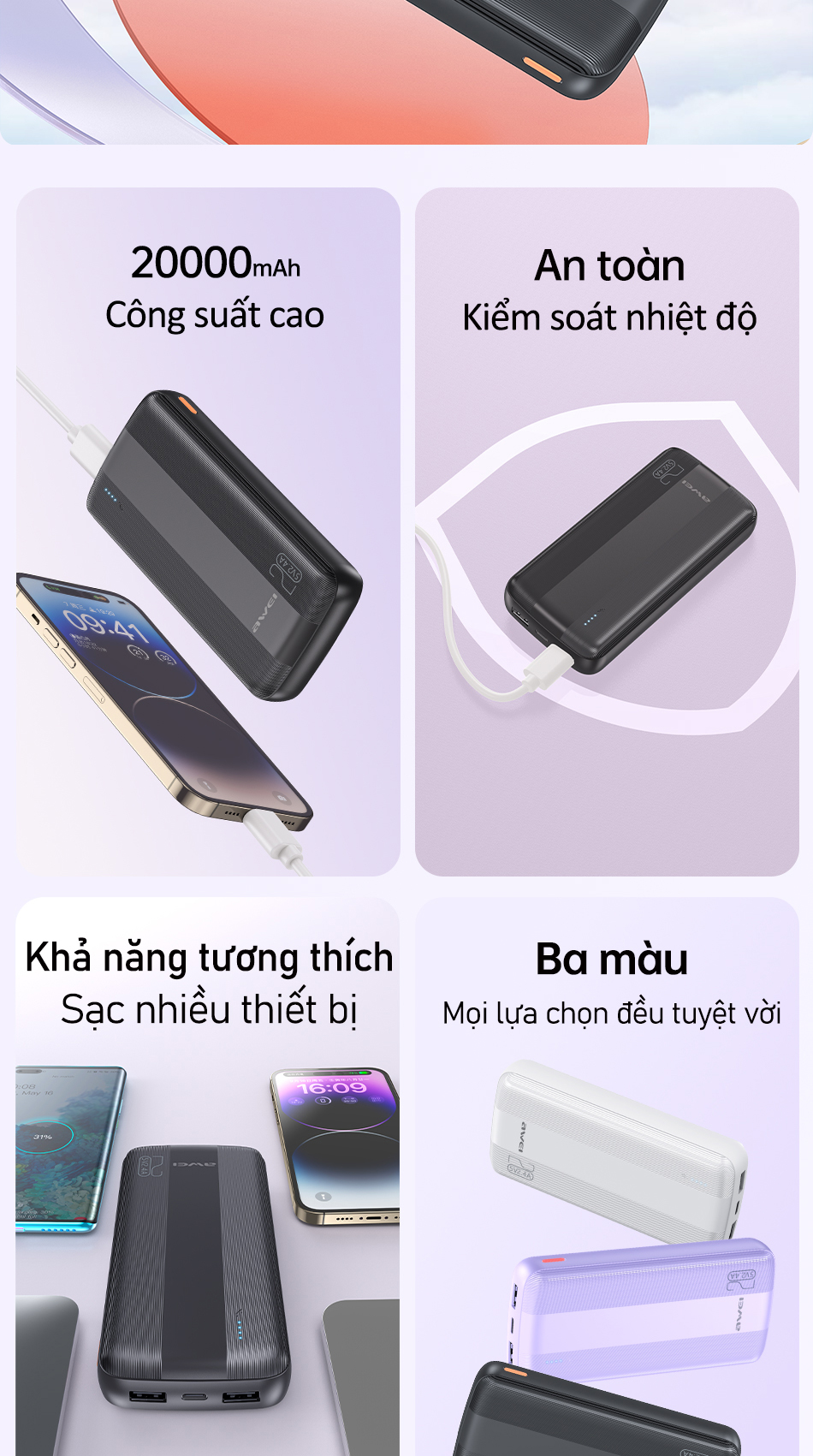 Mô tả Sạc Dự Phòng 20000mah Awei P19K Sạc Nhanh Cổng USB Kép Có Đèn LED Hỗ Trợ Sạc Nhanh Cho Điện Thoại - 3