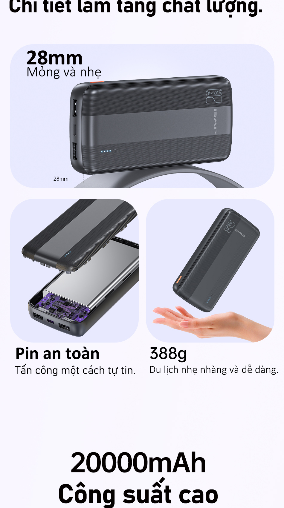 Mô tả Sạc Dự Phòng 20000mah Awei P19K Sạc Nhanh Cổng USB Kép Có Đèn LED Hỗ Trợ Sạc Nhanh Cho Điện Thoại - 7