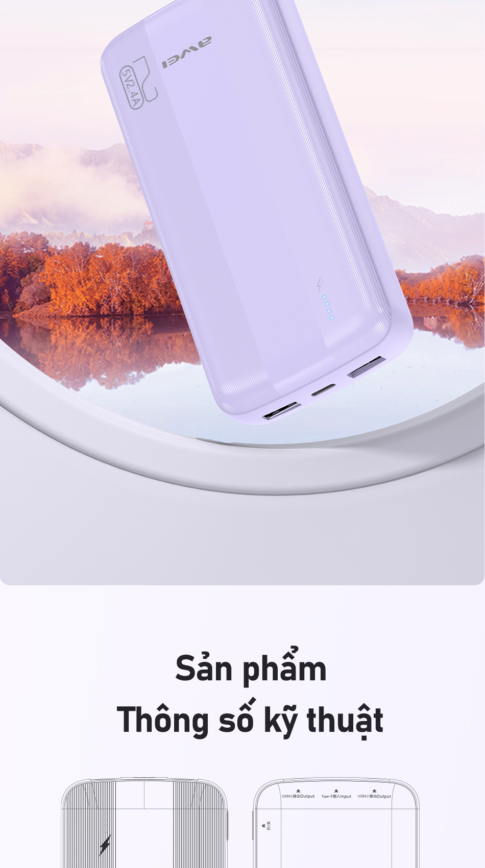 Mô tả Sạc Dự Phòng 20000mah Awei P19K Sạc Nhanh Cổng USB Kép Có Đèn LED Hỗ Trợ Sạc Nhanh Cho Điện Thoại - 11