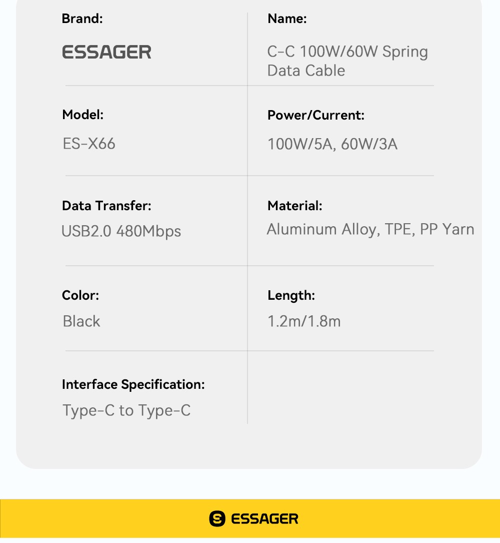 Cáp sạc lò xo ESSAGER 60W / 100W Type C Type C sang Type C phù hợp cho Samsung Xiaomi – ảnh mô tả chi tiết 12