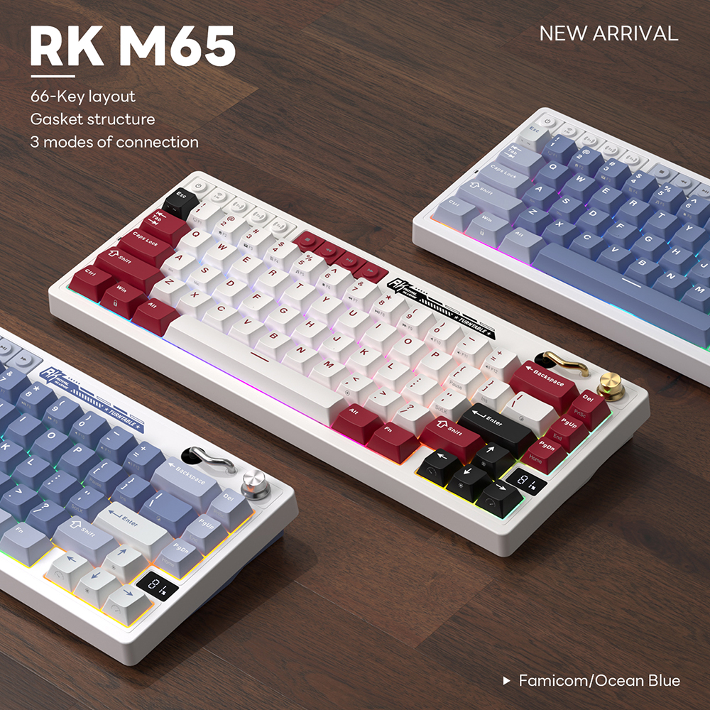 Mô tả Royal Kludge RK M65 Famicom 66 Key Tri-Mode RGB Có Dây Bluetooth 2.4G Không Dây Có Núm Bàn Phím Cơ - 1