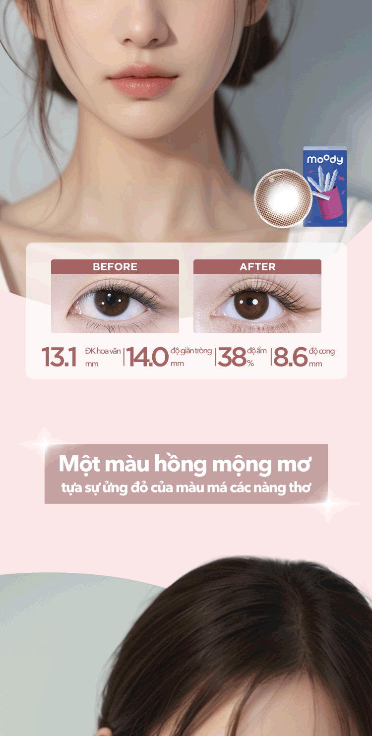Mô tả Kính áp tròng 6 tháng moody, mẫu mã đa dạng, lên màu chuẩn, có độ cận 0-7, độ giãn tròng 14.0 – 14.5mm - 9