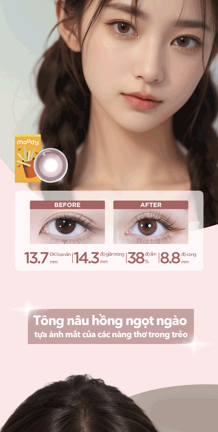 Mô tả Kính áp tròng 6 tháng moody, mẫu mã đa dạng, lên màu chuẩn, có độ cận 0-7, độ giãn tròng 14.0 – 14.5mm - 10