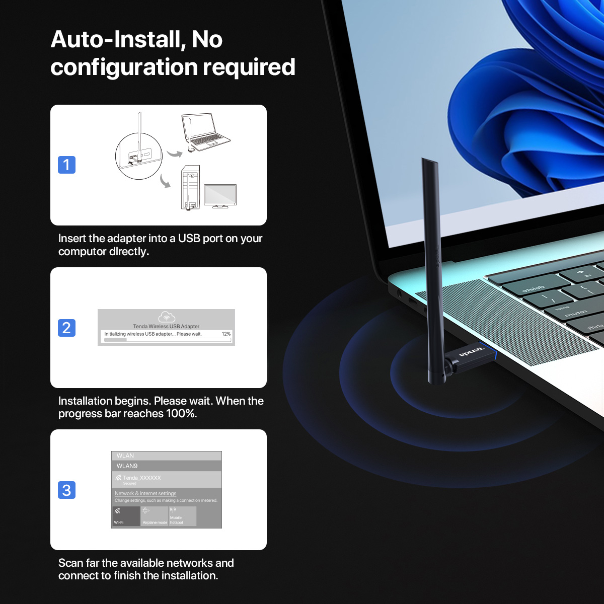 Mô tả Bộ chuyển đổi USB WiFi Tenda U11 Pro AX900 Thẻ tín hiệu WiFi Băng tần kép Ăng-ten 6dBi cho PC Laptop - 8