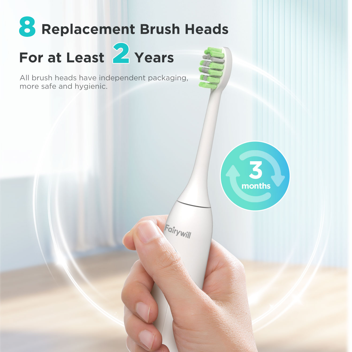 Mô tả Bàn chải đánh răng điện siêu âm Fairywill, rung 42000HZ / phút 8 đầu sạc cho người lớn, sạc đầy 4h cho 100 ngày - 3