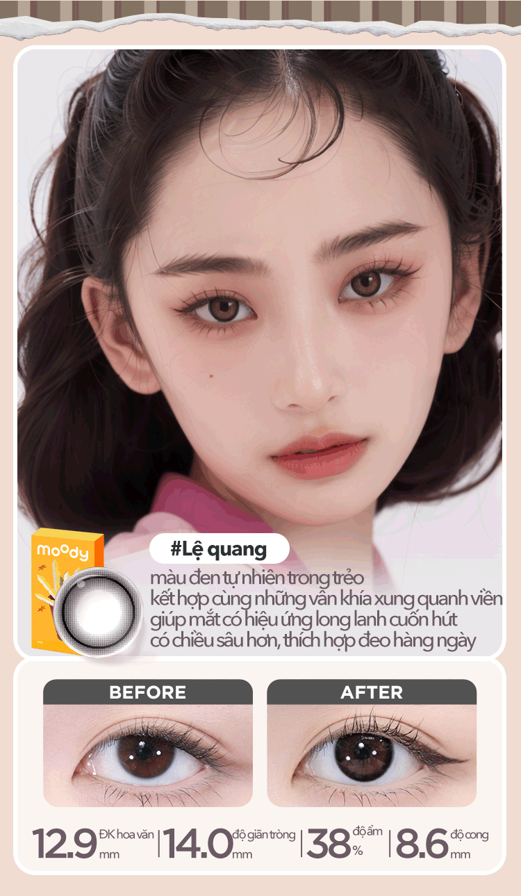 Mô tả Kính áp tròng 6 tháng moody màu nâu/đen tự nhiên, có độ cận 0-7, độ giãn tròng 14.0 – 14.5mm - 10