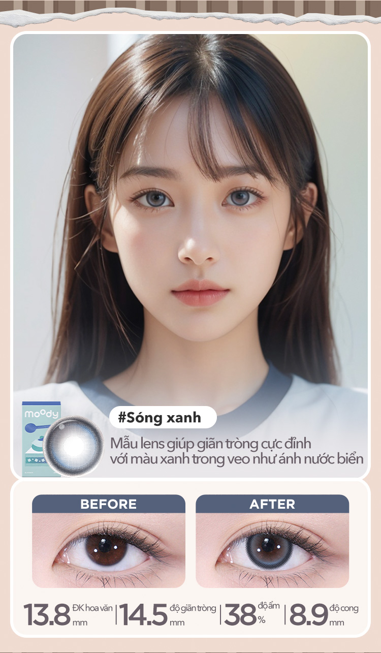 Mô tả Kính áp tròng dùng một lần moody, 6 tháng, mẫu nâu đen tự nhiên, độ cận 0-7, độ giãn tròng 14.0 - 14. 5mm, giá 1 cặp (02 chiếc) - 7