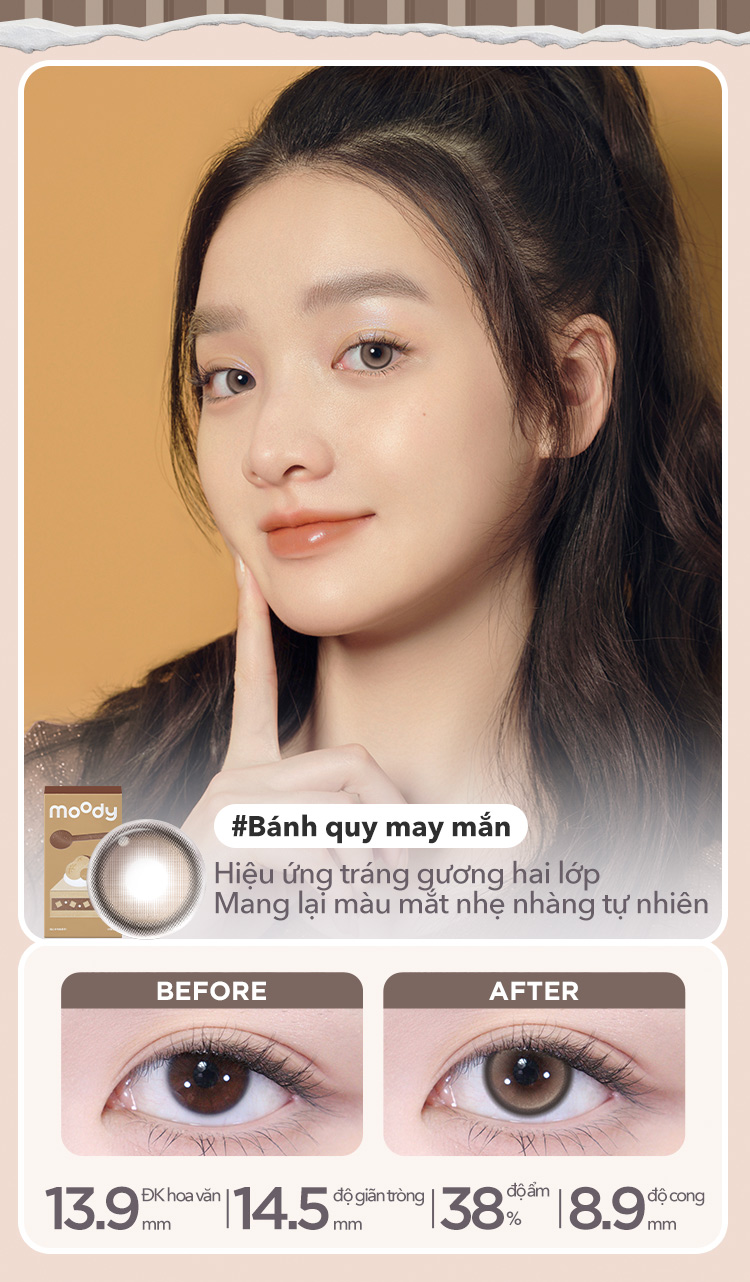 Mô tả Kính áp tròng dùng một lần moody, 6 tháng, mẫu nâu đen tự nhiên, độ cận 0-7, độ giãn tròng 14.0 - 14. 5mm, giá 1 cặp (02 chiếc) - 9