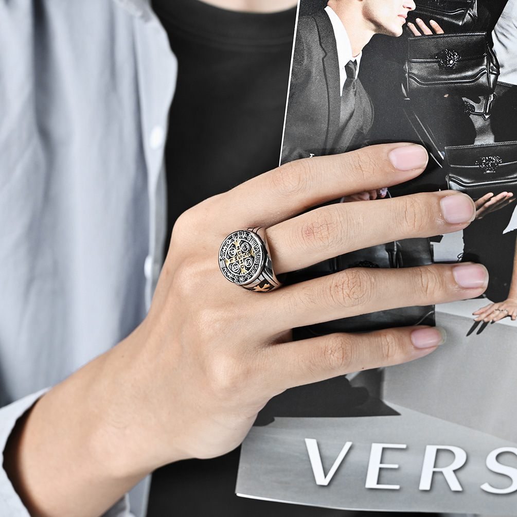 Nhẫn Rune Vàng Nam Thép Titan Hip Hop Trang Sức Gothic Cross Seal ...