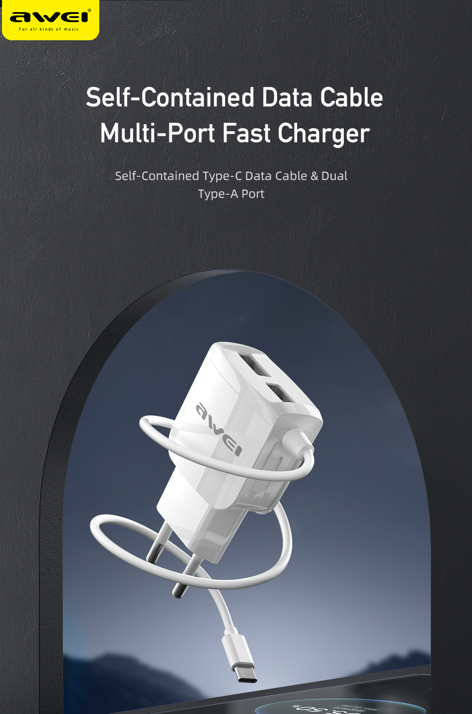 Mô tả Bộ sạc Awei C5 3 in 1 Sạc nhanh Type C 2 cổng USB EU 5V / 2.4A chính hãng An Toàn Ổn Định - 1