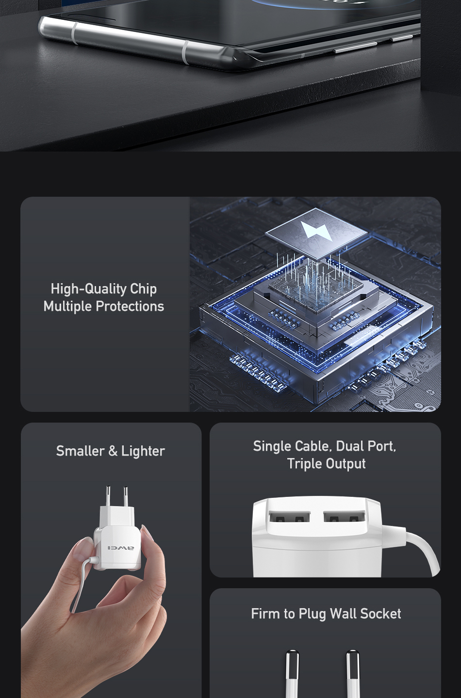 Mô tả Bộ sạc Awei C5 3 in 1 Sạc nhanh Type C 2 cổng USB EU 5V / 2.4A chính hãng An Toàn Ổn Định - 2