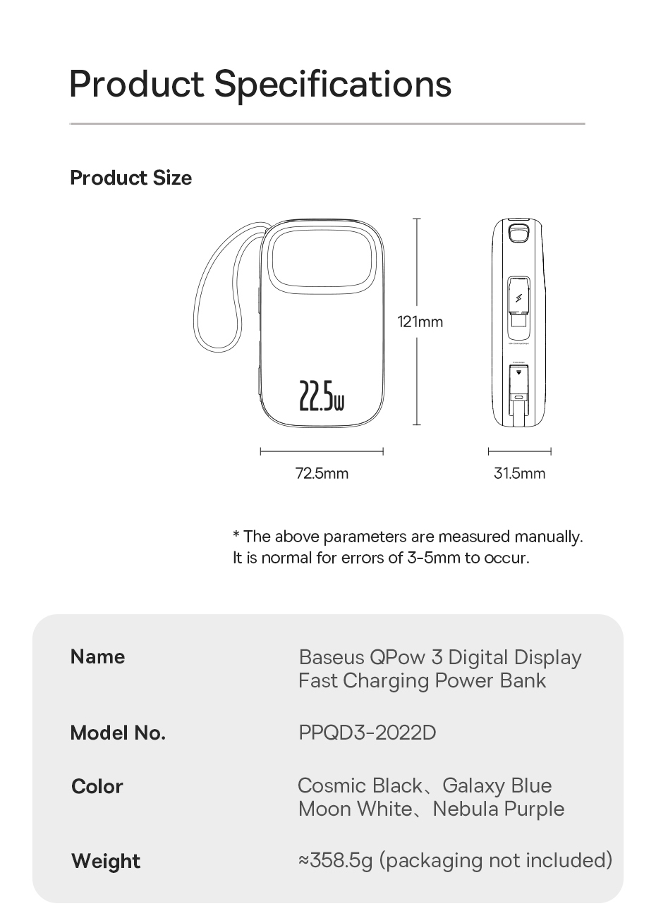 【CCC Certified】Baseus QPow3 Pin Dự Phòng Sạc Nhanh 22.5W – Màn Hình Kỹ Thuật Số, Cáp Kép, Nhỏ Gọn, CCC – ảnh mô tả chi tiết 10