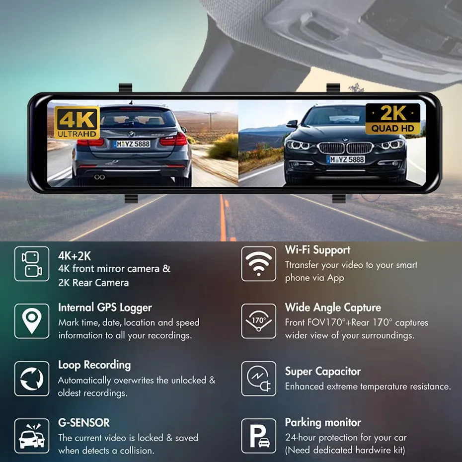 Mô tả ELKEVA 12 Inch 4K + 2K Xe Dvr WIFI Gương Dash Cam Ống Kính Kép Dashcam Drive Stream Gương Chiếu Hậu Màn Hình IPS Máy Ghi Video Camera - 2