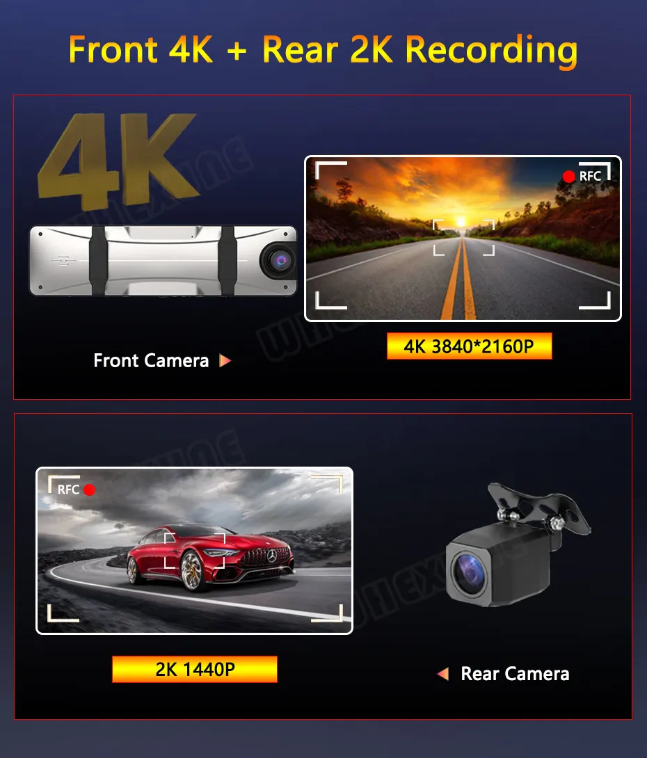 Mô tả ELKEVA 12 Inch 4K + 2K Xe Dvr WIFI Gương Dash Cam Ống Kính Kép Dashcam Drive Stream Gương Chiếu Hậu Màn Hình IPS Máy Ghi Video Camera - 4
