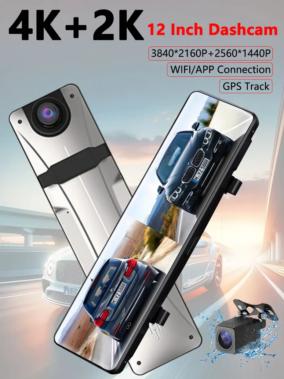 Mô tả ELKEVA 12 Inch 4K + 2K Xe Dvr WIFI Gương Dash Cam Ống Kính Kép Dashcam Drive Stream Gương Chiếu Hậu Màn Hình IPS Máy Ghi Video Camera - 1