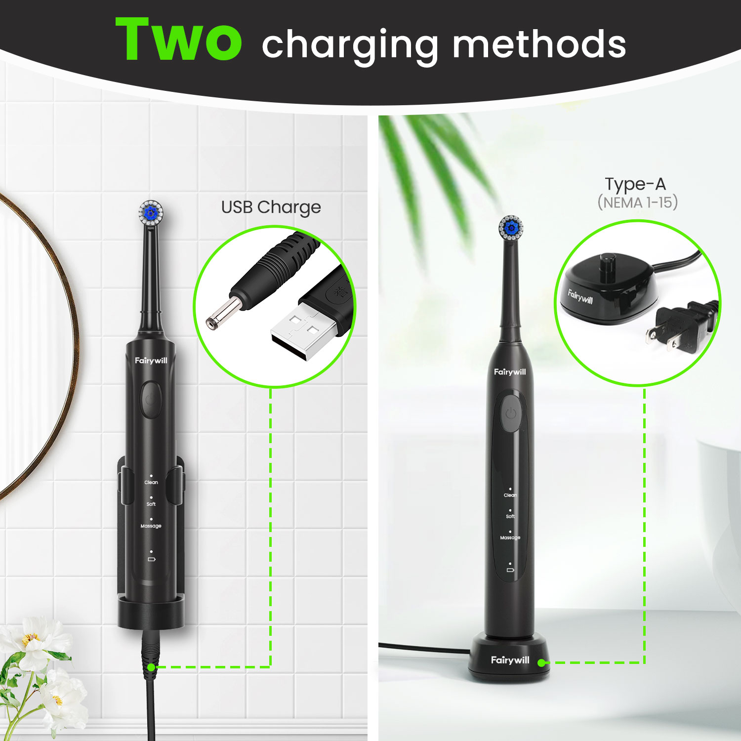 Mô tả Bàn chải đánh răng điện Fairywill 2233 ADA được chấp nhận USB làm sạch âm thanh mạnh mẽ - 1