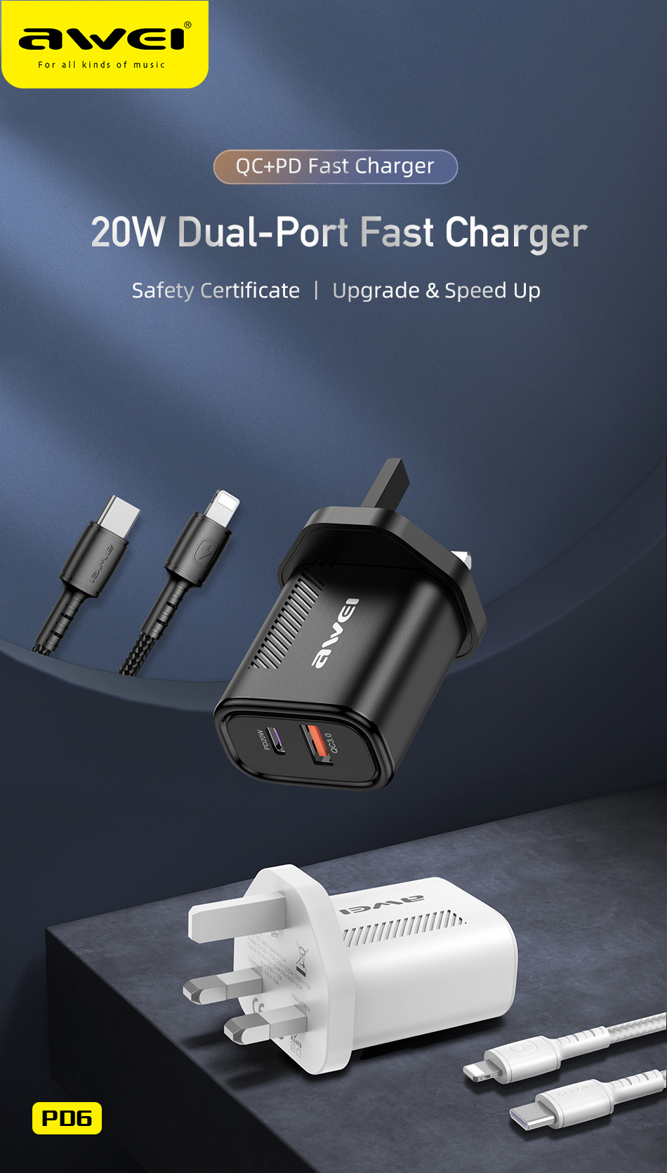 Mô tả Bộ sạc Awei PD6 củ sạc nhanh 20W chính hãng cho phone 14 13 12 11 - 1