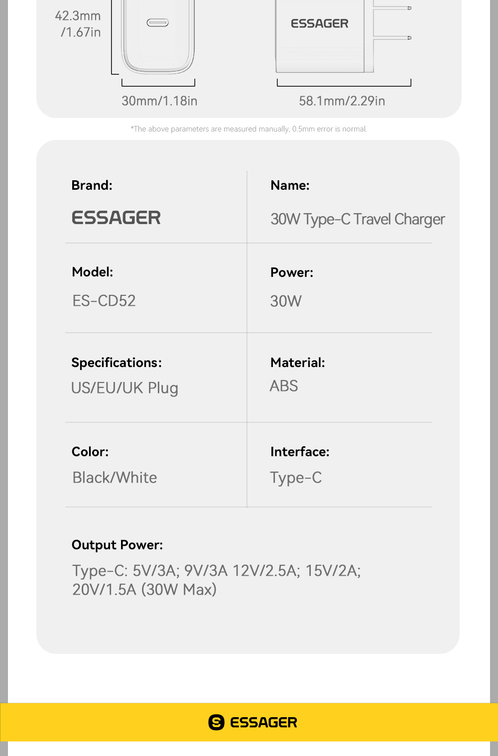 Mô tả Essager PD 20W / 30W USB-C Bộ sạc nhanh Bộ chuyển đổi phích cắm tường 3A Loại C - 12