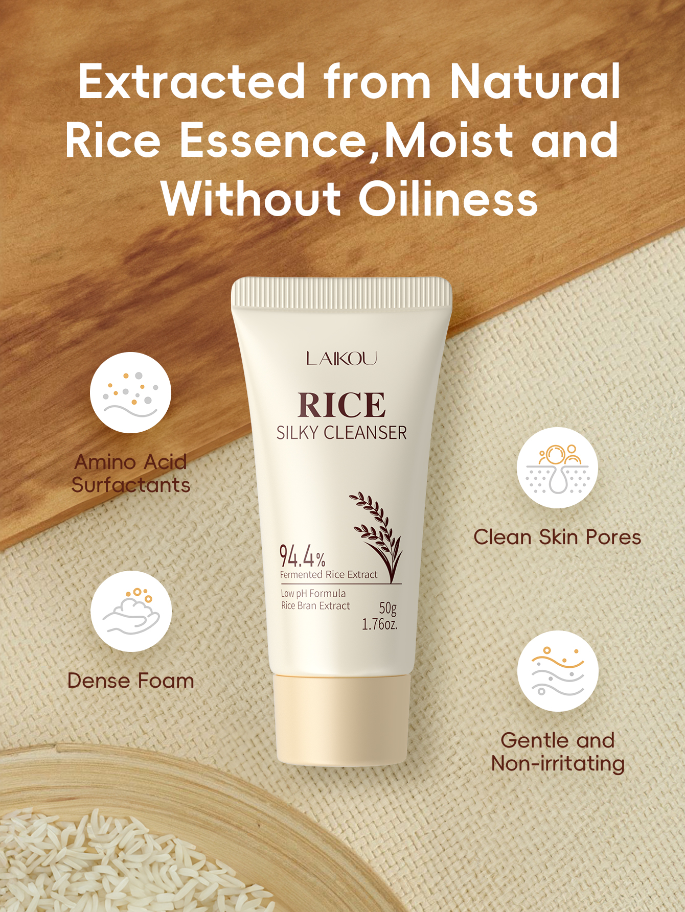 Mô tả Sữa rửa mặt mượt gạo LAIKOU Độ pH thấp Làm sạch nhẹ nhàng Dưỡng ẩm không bó sát 50g - 2