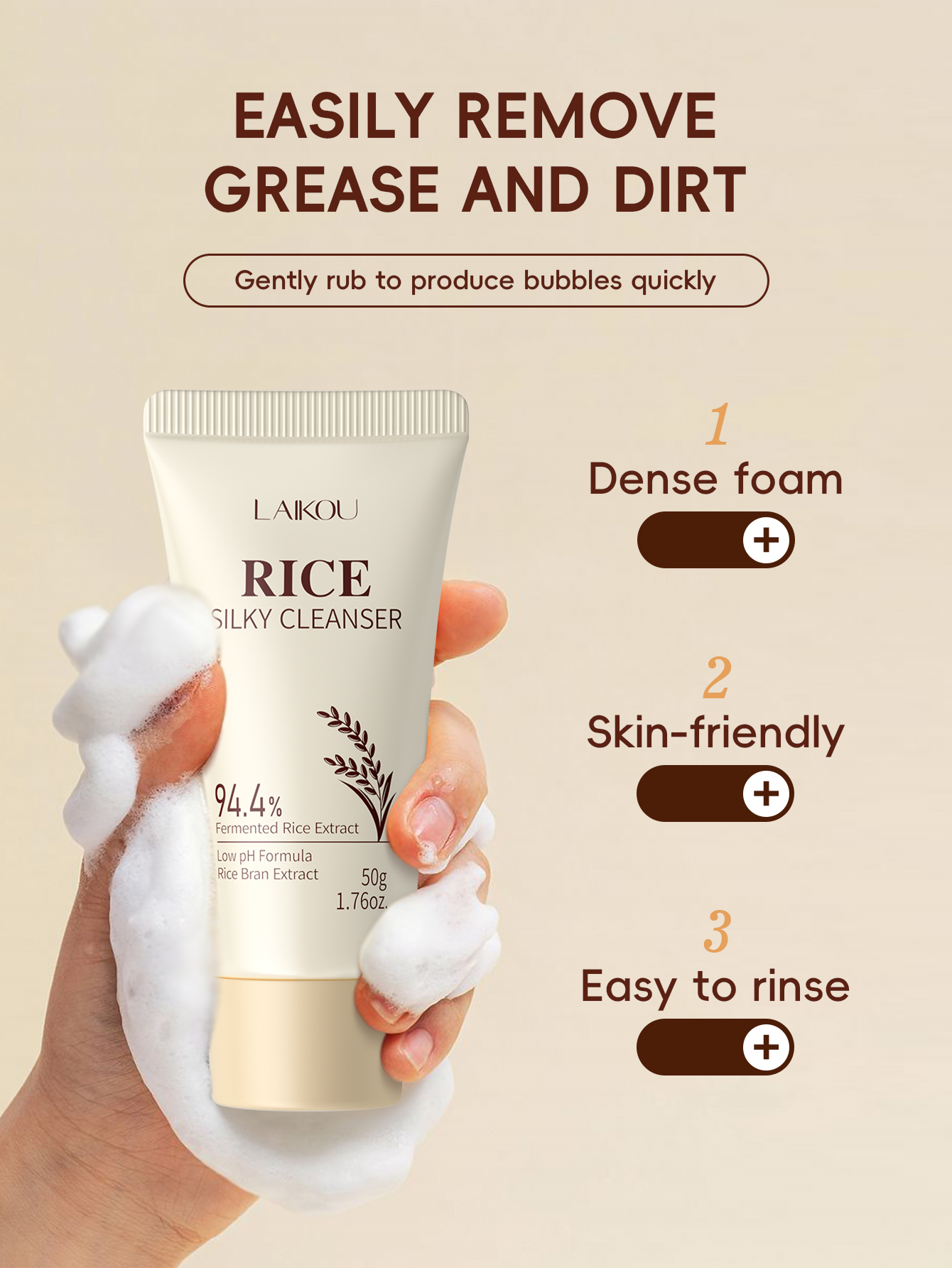 Mô tả Sữa rửa mặt mượt gạo LAIKOU Độ pH thấp Làm sạch nhẹ nhàng Dưỡng ẩm không bó sát 50g - 4