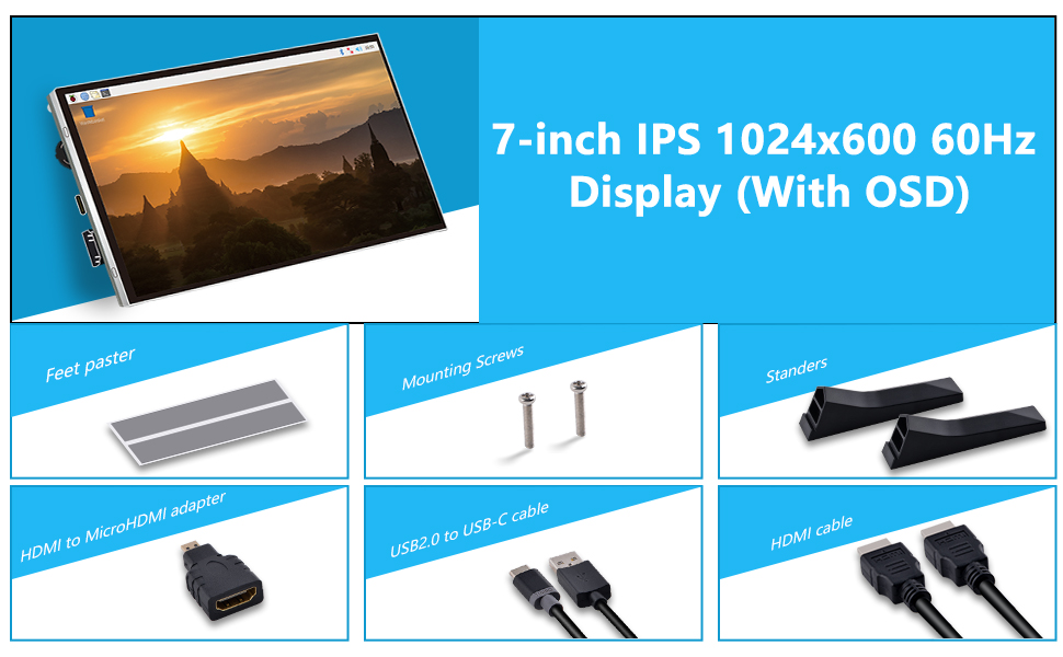 Màn Hình lcd 52pi 7 inch Cho raspberry pi, 1024x600 ips ips 7 inch pi 5 ...