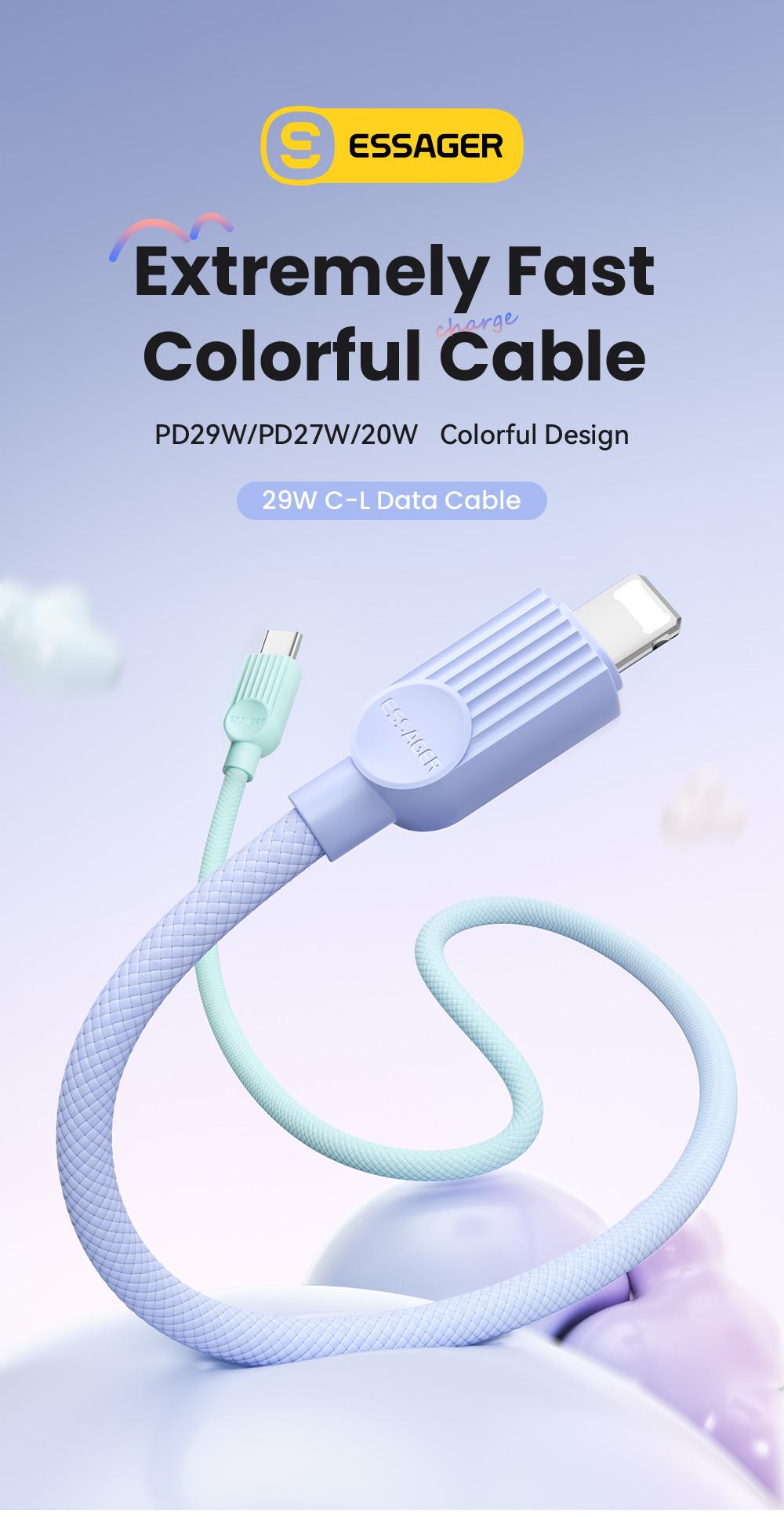 Mô tả Essager PD 29W Cáp dữ liệu sạc nhanh USB-C sang L Cáp bện hai màu một dây - 1