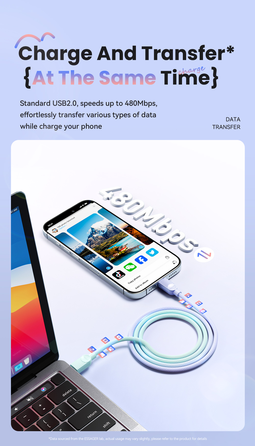 Mô tả Essager PD 29W Cáp dữ liệu sạc nhanh USB-C sang L Cáp bện hai màu một dây - 6