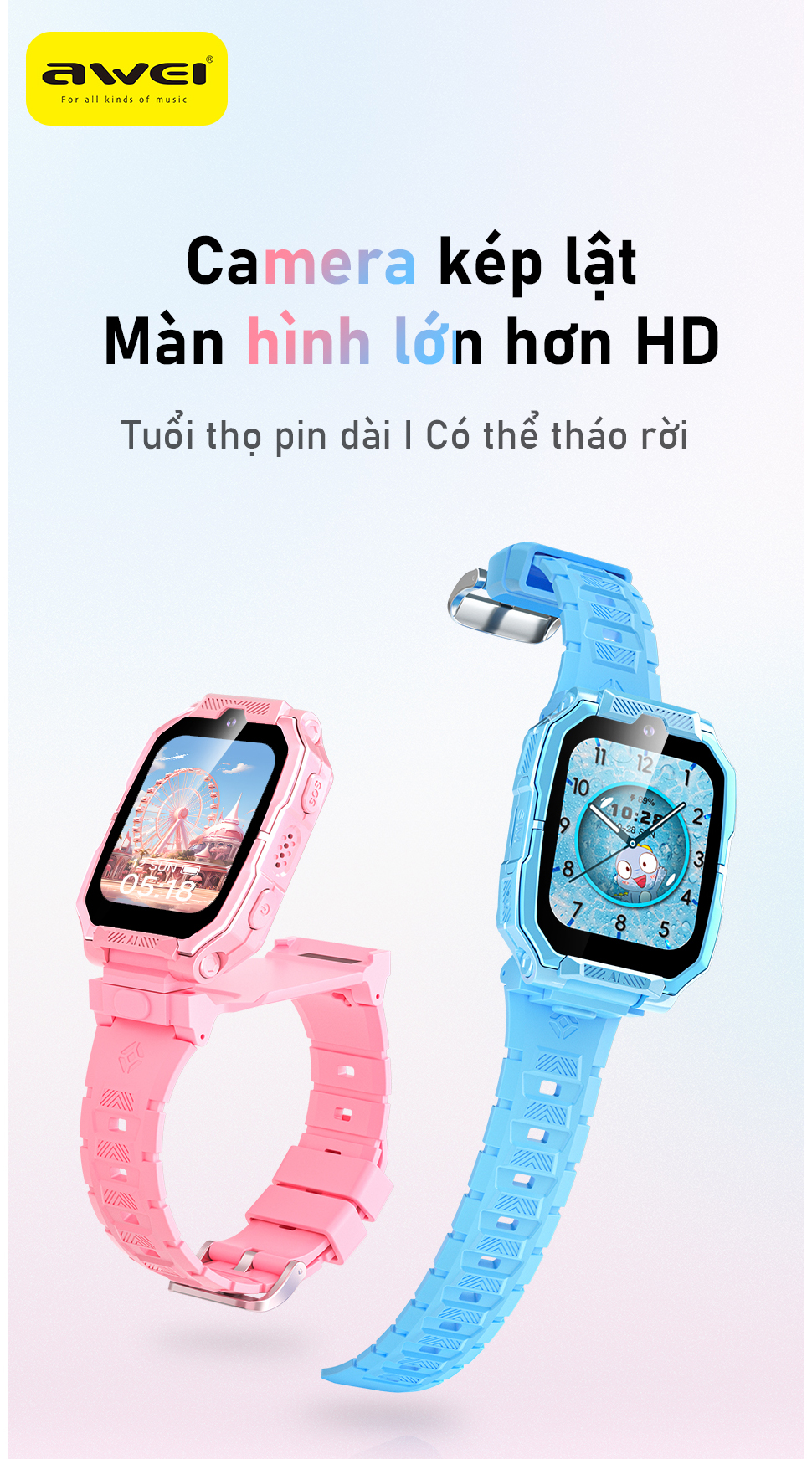 Mô tả Đồng hồ thông minh trẻ em Awei có Camera kép theo dõi GPS có khe cắm thẻ SIM IP65 chống nước - 1