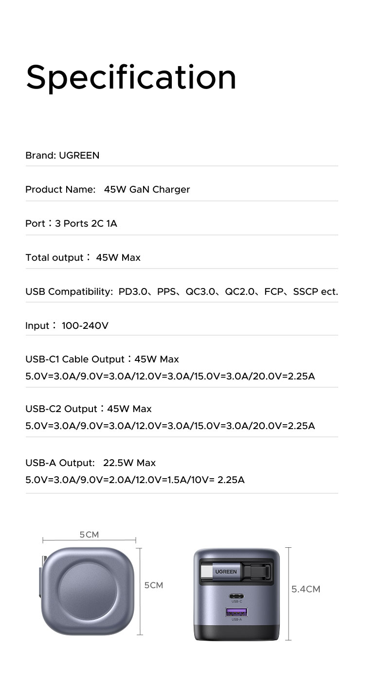[Nexode] Bộ sạc GaN UGREEN 45W USB-C * 2 / USB-A * 1 / 3 cổng Sạc nhanh Nexode GaN với cáp USB C có thể thu vào 75cm cho iPhone 18 Pro Max iPhone 17 Pro Max IPhone 16 / 15 / 14 / … – ảnh mô tả chi tiết 33