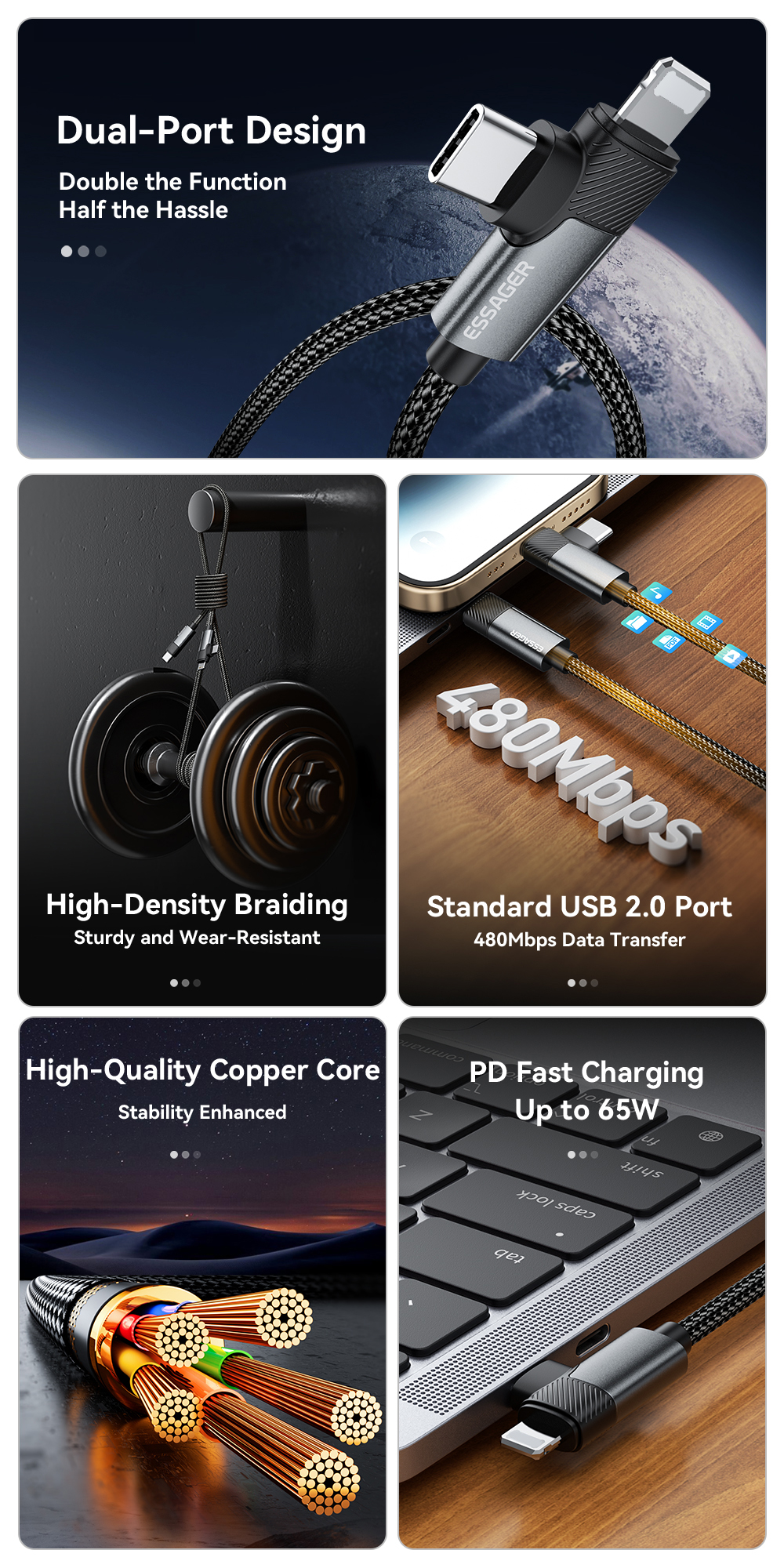Essager 65W Loại C Sang L + C Cáp Sạc Nhanh 2 Trong 1 Cho ip 5 ~ 16 Huawei Xiaomi – ảnh mô tả chi tiết 2