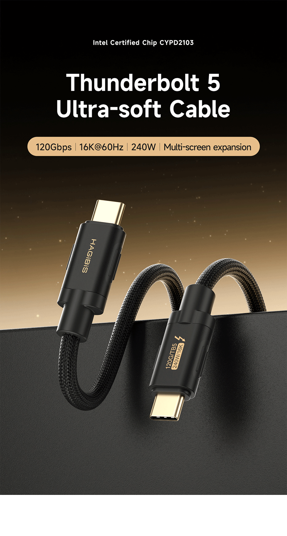 Thunderbolt 5 Kabel 0.5m | Bis Zu 80 Gbit/s & 240W Laden | 16K Video Unterstützung | Kompatibel Mit TB4, USB4, IPhone 16/15