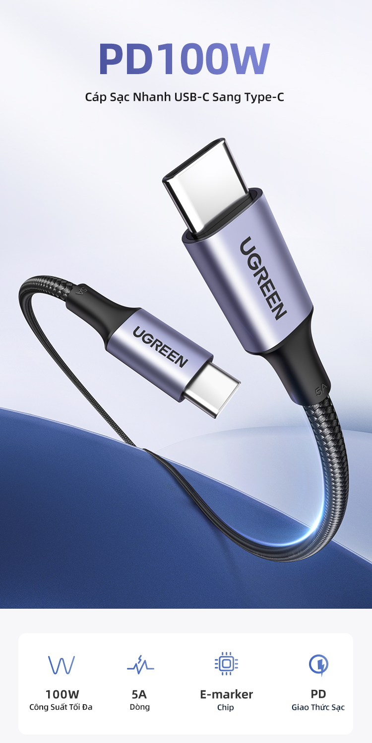 Ugreen Sạc Nhanh 100W 20V 5A Nylon Bradied USB C Sang USB Cáp Dành Cho iPhone 15 Pro Max/iPhone 16 Pro Max/iPhone 17 Pro Max/iPhone 18 Pro Max, MacBook Pro, iPad Pro, Dell XPS, Sa… – ảnh mô tả chi tiết 1