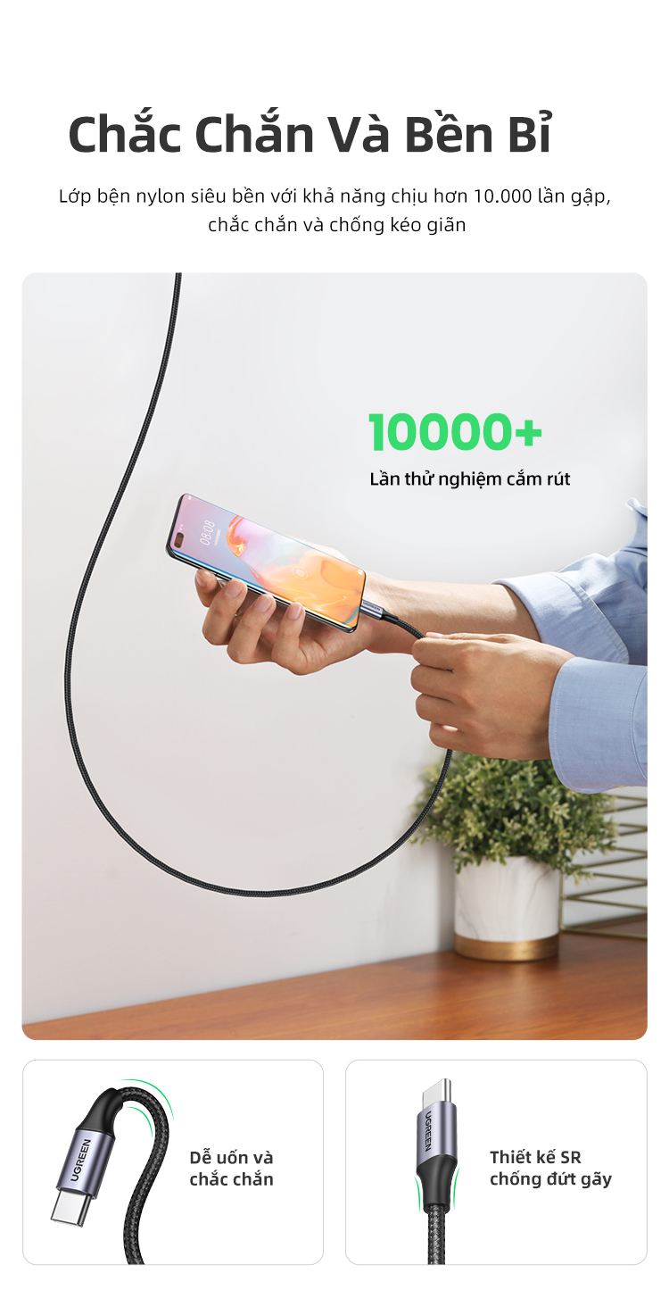 Ugreen Sạc Nhanh 100W 20V 5A Nylon Bradied USB C Sang USB Cáp Dành Cho iPhone 15 Pro Max/iPhone 16 Pro Max/iPhone 17 Pro Max/iPhone 18 Pro Max, MacBook Pro, iPad Pro, Dell XPS, Sa… – ảnh mô tả chi tiết 15