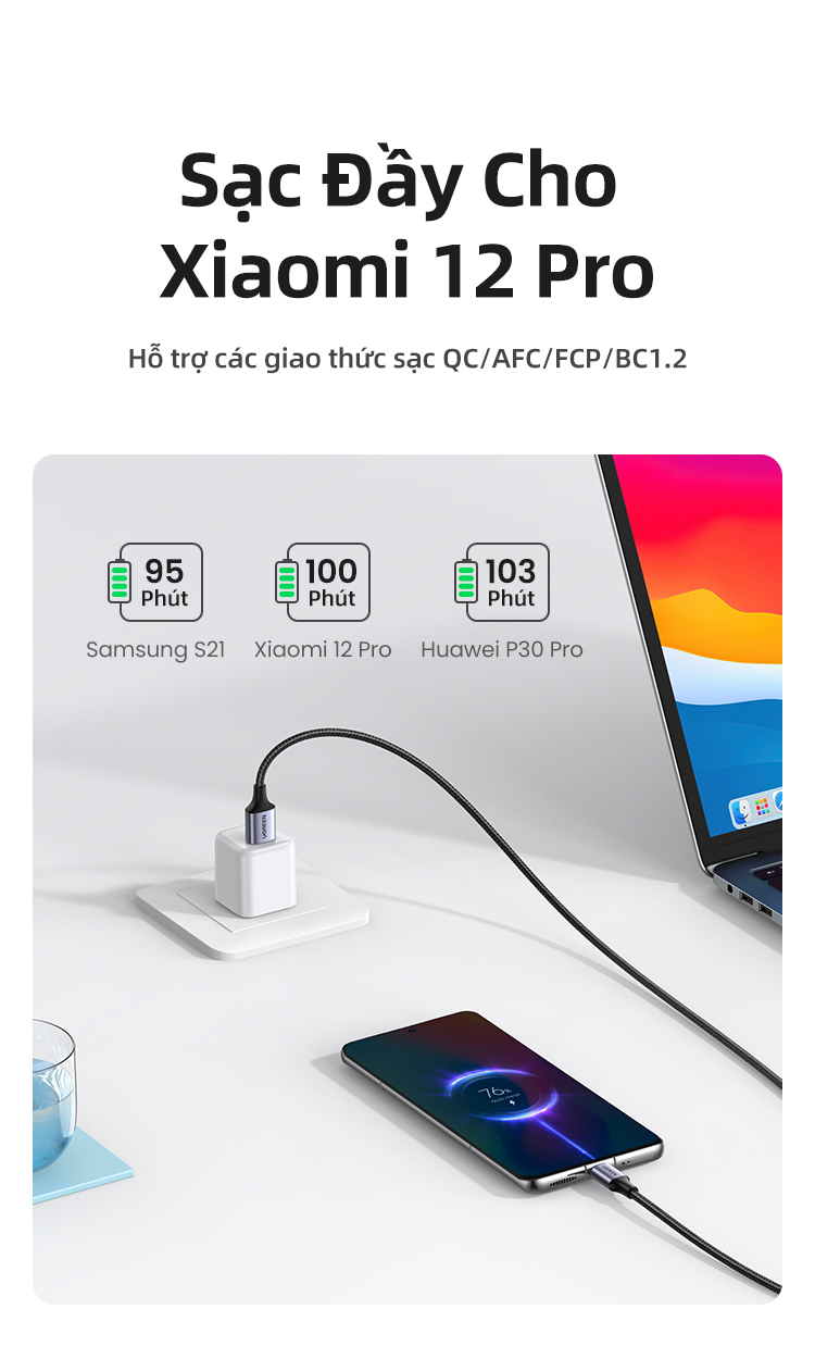 Cáp sạc nhanh UGREEN 3A 18w Type-C USB-C nylon bện thích hợp cho Redmi Xiaomi 13 12 Pro Samsung galaxy s22 one plus – ảnh mô tả chi tiết 3
