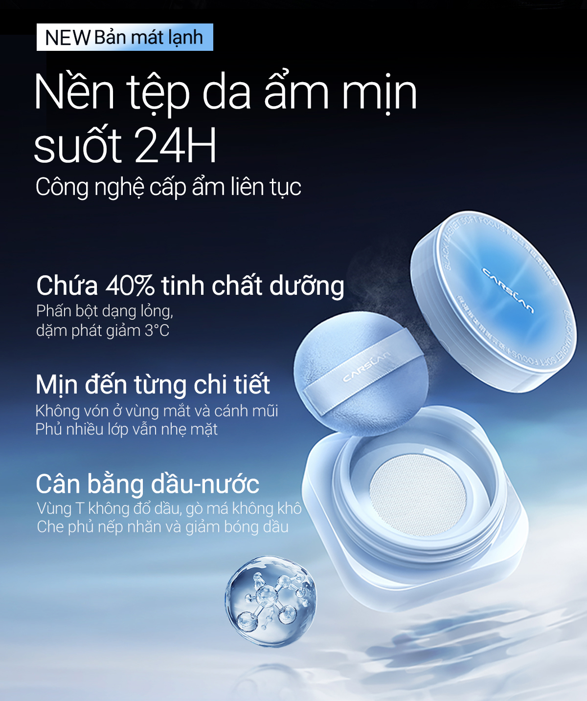 【COMBO】 Phấn phủ Carslan Black Magnet 2.0 8g + Kem nền ẩm lâu dài 4.0 mới Carslan 30g