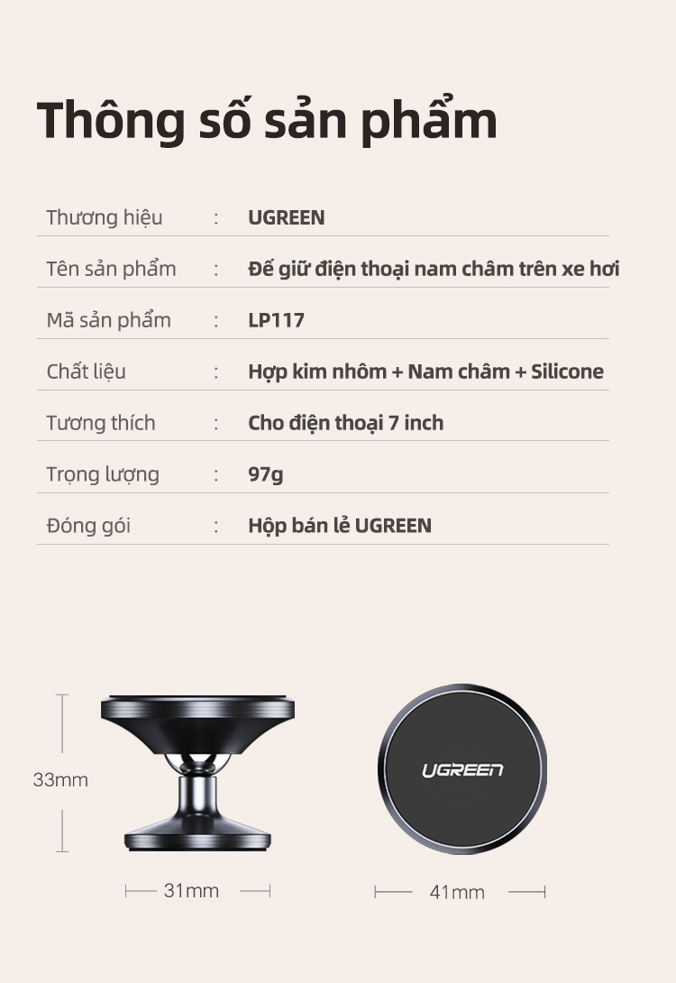 Giá đỡ điện thoại từ tính trên xe UGREEN có nam châm xoay 360°, kích thước mini, tiện dụng cao cấp, cho iPhone 17/16/15/14 Pro max, Samsung S26/25/S24 Ultra – ảnh mô tả chi tiết 7