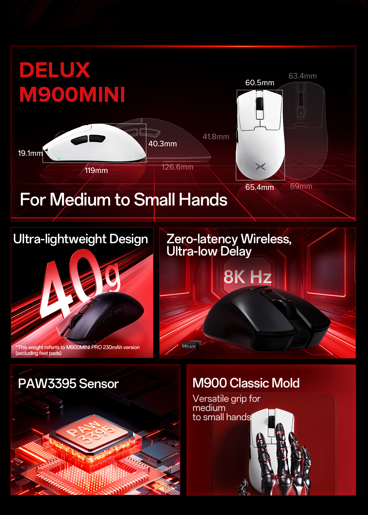 Delux M900 MINI PRO PAW3395 40 / 46g 8000Hz Chuột chơi game DPI 26000 ...