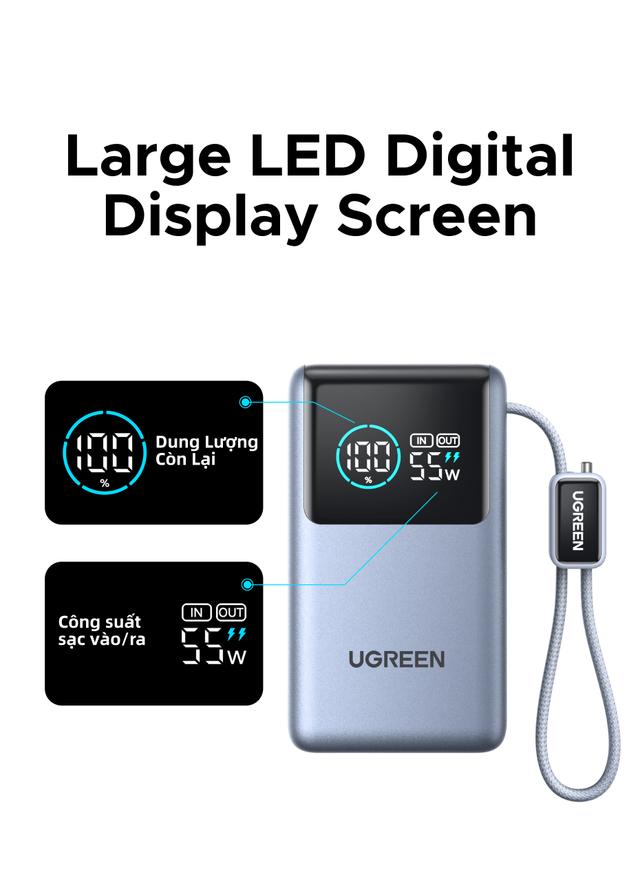 Pin sạc dự phòng UGREEN 10000mAh 55W kèm cáp USB C tích hợp 3 cổng Sạc di động du lịch máy tính xách tay, đèn LED màn hình lớn Sạc nhanh cho Xiaomi và hơn thế nữa cho iPhone 18 Pr… – ảnh mô tả chi tiết 9