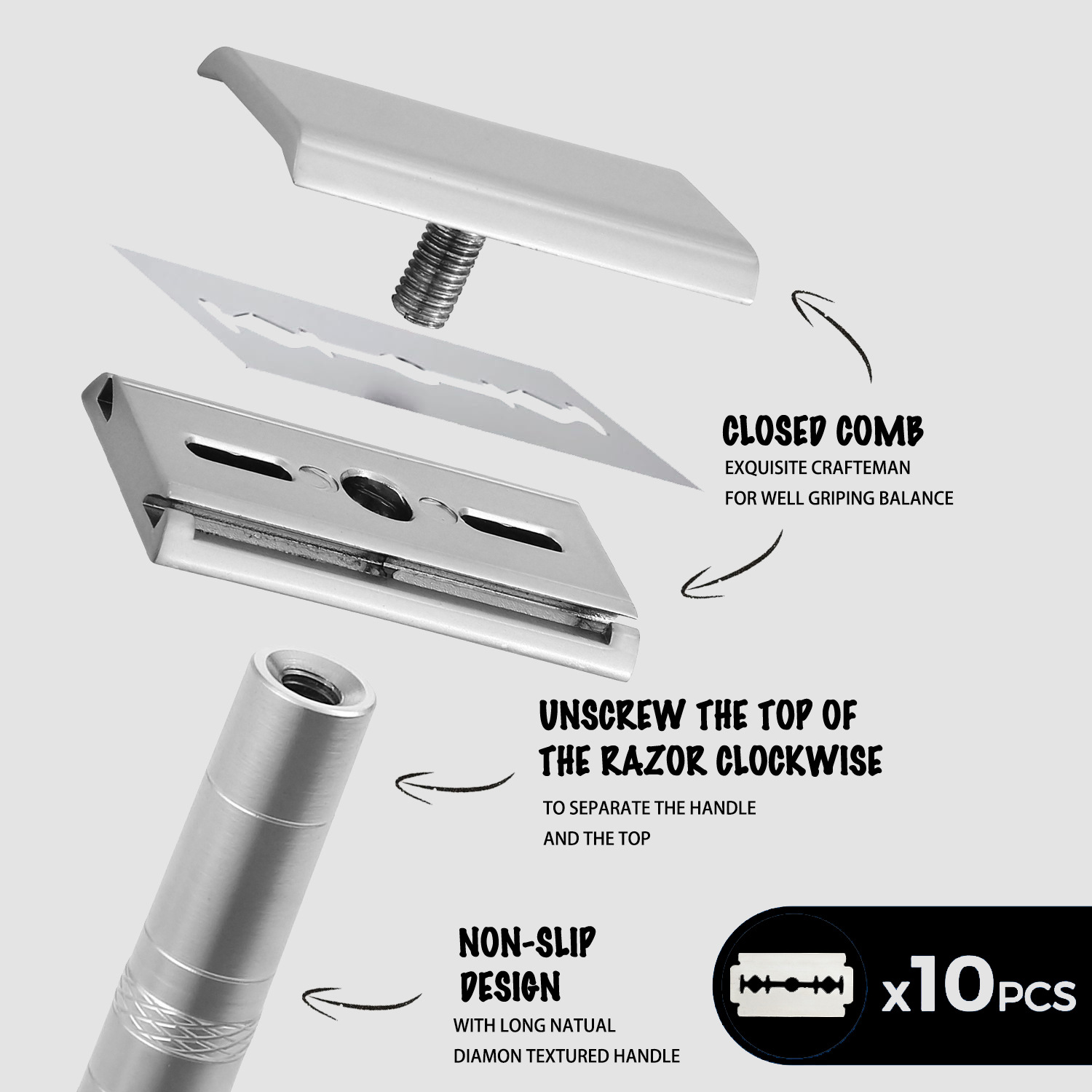 Dao cạo an toàn bằng hợp kim nhôm – Bạc / Đen (Bao gồm 5 lưỡi dao ...