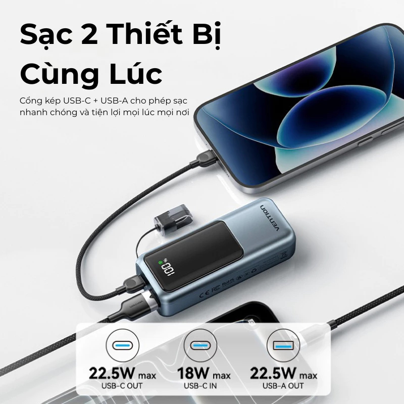 【Hàng mới 2026】Vention Sạc dự phòng 10000mAh có dây đeo và cáp Type-C tích hợp sạc nhanh 22.5W hoàn hảo cho du lịch bảo hành chính hãng Dùng được cho IPhone, Samsung, Xiaomi, Vi… – ảnh mô tả chi tiết 3