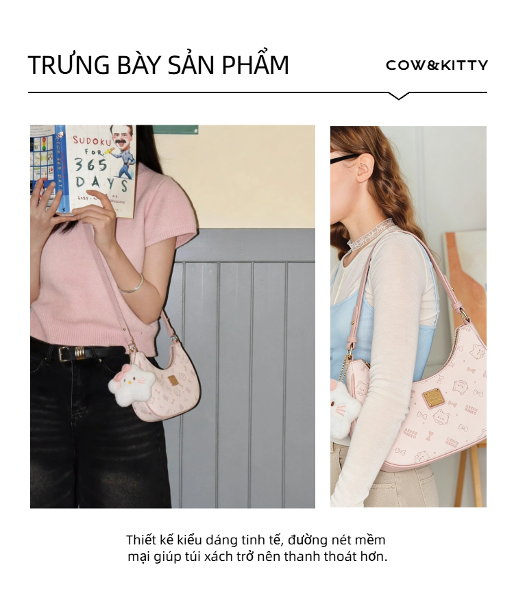 Cow&Kitty/BORRY ROSA Túi đeo vai màu hồng dễ thương Túi nửa mặt trăng ...